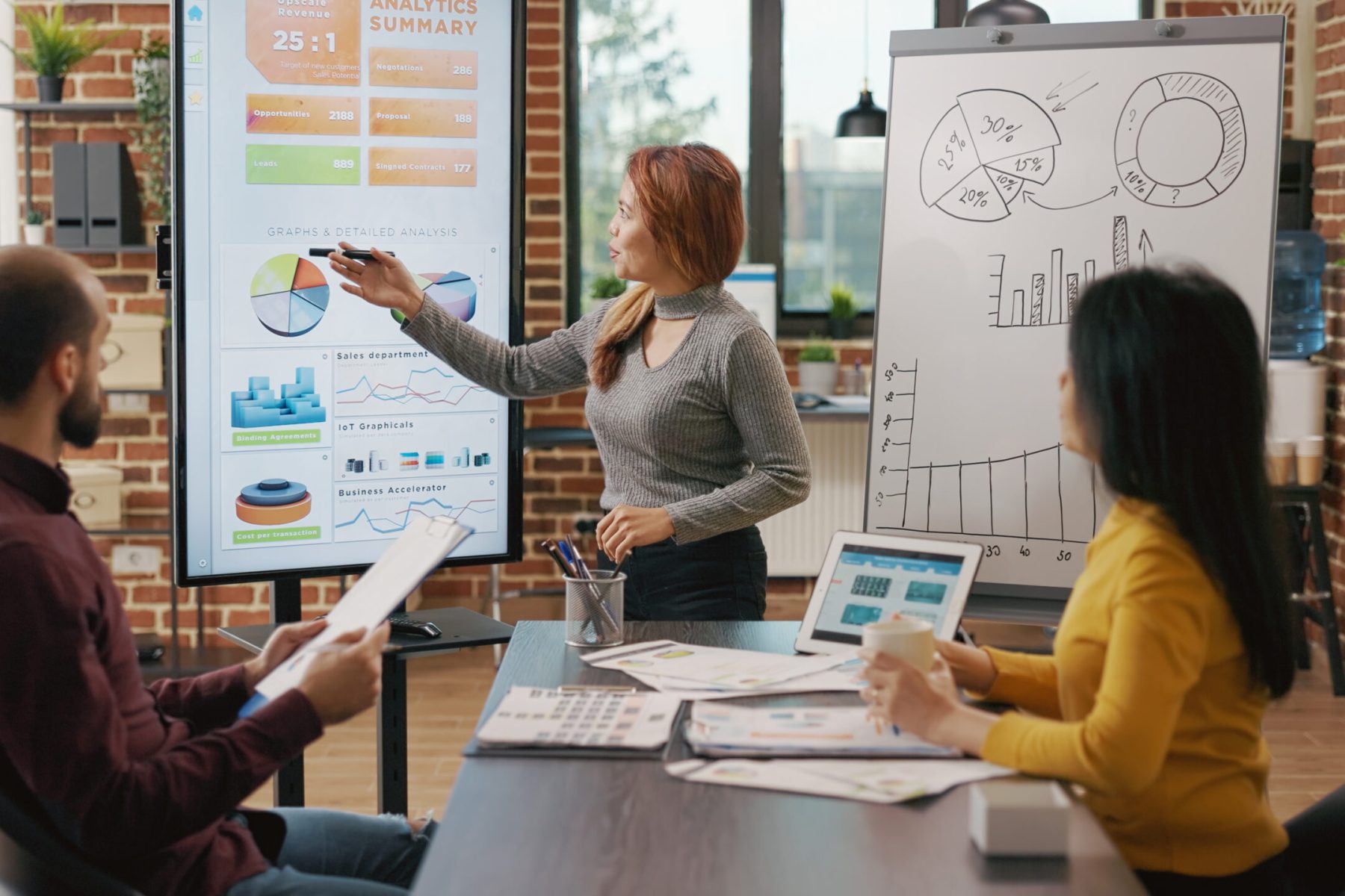 Business people looking at briefing presentation on display, analyzing charts information and statistics to plan financial growth and development. Colleagues brainstorming strategy ideas